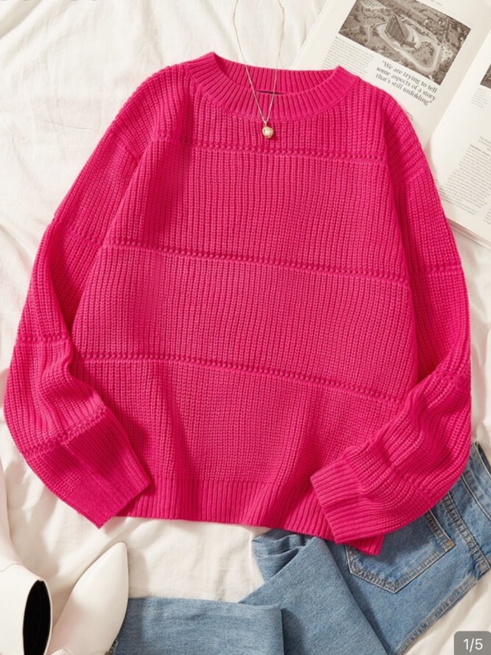 SHEIN Vibrant Hot Pink Ribbed Crewneck Sweater